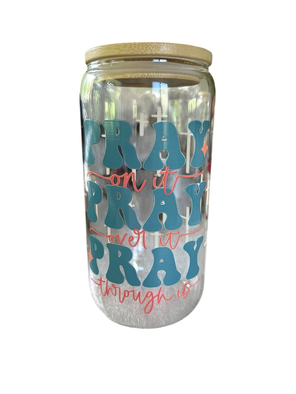 Pray Pattern Glass Canister with Bamboo Lid - Teal & Coral